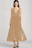 Load image into Gallery viewer, Burgundy Velvet V-Neck A Line Long Formal Dress