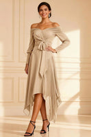 Load image into Gallery viewer, Brown Off the Shoulder Pleated Asymmetrical Mother of the Bride Dress
