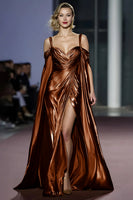 Load image into Gallery viewer, Metallic Golden Cold Shoulder Maxi Gala Dress with Slit