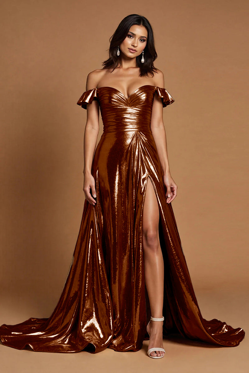 Load image into Gallery viewer, Golden A Line Metallic Ruffled Maxi Prom Dress with Slit