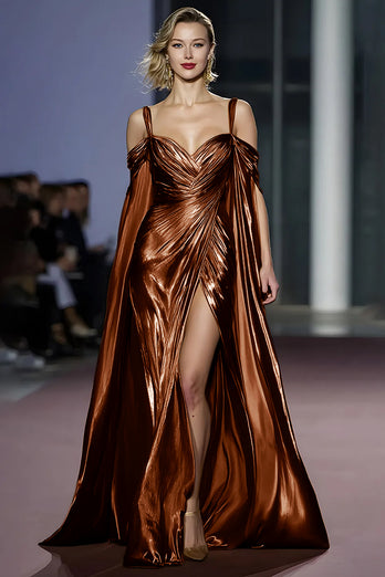 Metallic Golden Cold Shoulder Maxi Gala Dress with Slit