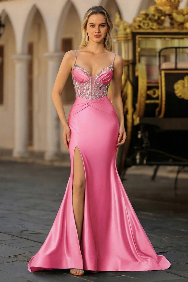 Load image into Gallery viewer, Plus Size Sparkly Dusty Blue Satin Beaded Long Corset Prom Dress with Slit