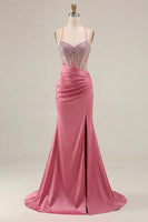 Load image into Gallery viewer, Sparkly Pink Mermaid Long Corset Prom Dress with Slit