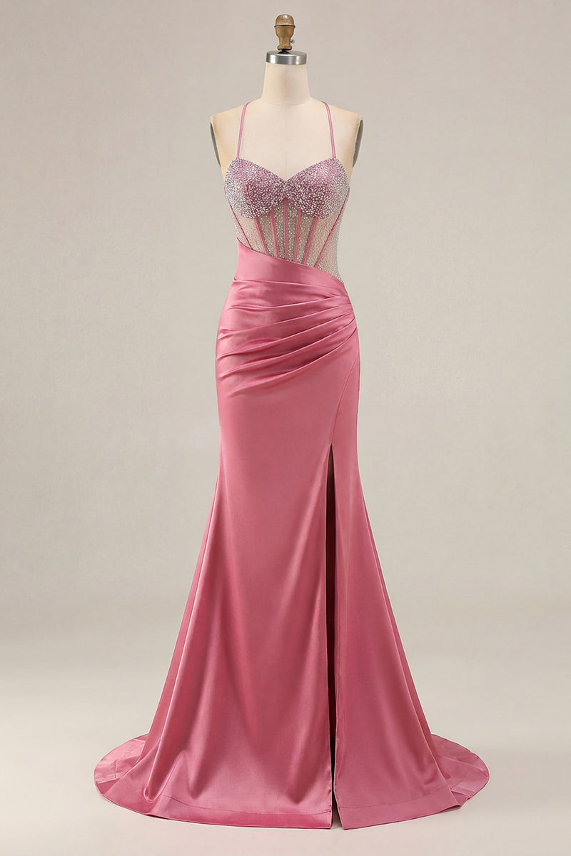 Load image into Gallery viewer, Sparkly Pink Mermaid Long Corset Prom Dress with Slit