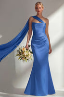 Load image into Gallery viewer, Burgundy Mermaid Neck Scarf Satin Ruched Long Prom Dress