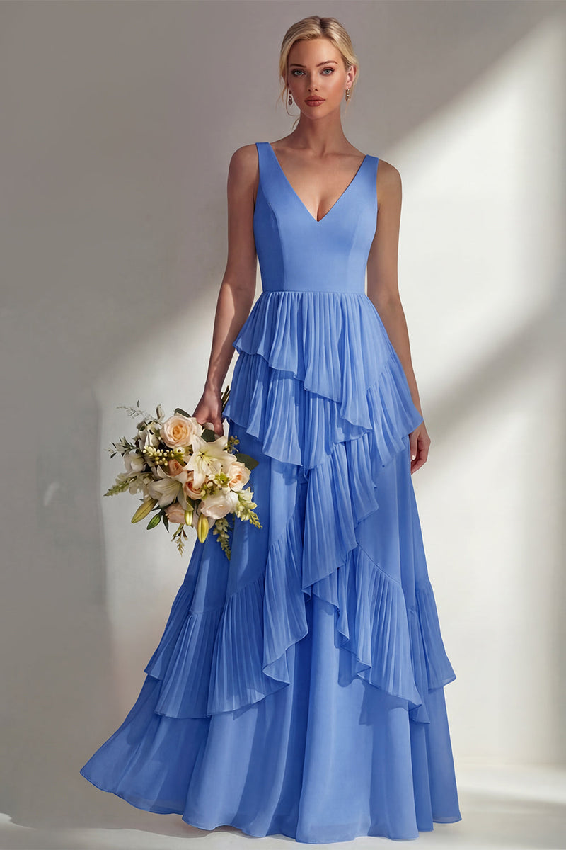 Load image into Gallery viewer, V-Neck Lilac A Line Long Beach Wedding Guest Dress with Ruffles