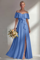 Load image into Gallery viewer, Off the Shoulder Ruffled A Line Burgundy Long Beach Wedding Guest Dress with Slit