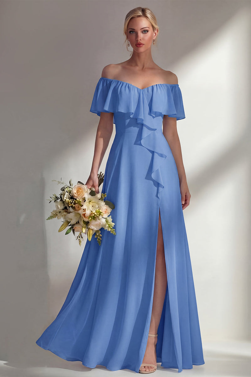 Load image into Gallery viewer, Off the Shoulder Ruffled A Line Burgundy Long Beach Wedding Guest Dress with Slit