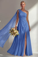 Load image into Gallery viewer, Burgundy One Shoulder Ruched A Line Long Beach Wedding Guest Dress with Side Cape