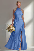 Load image into Gallery viewer, A Line High Neck Butter Yellow Ruffled Long Beach Wedding Guest Dress with Slit