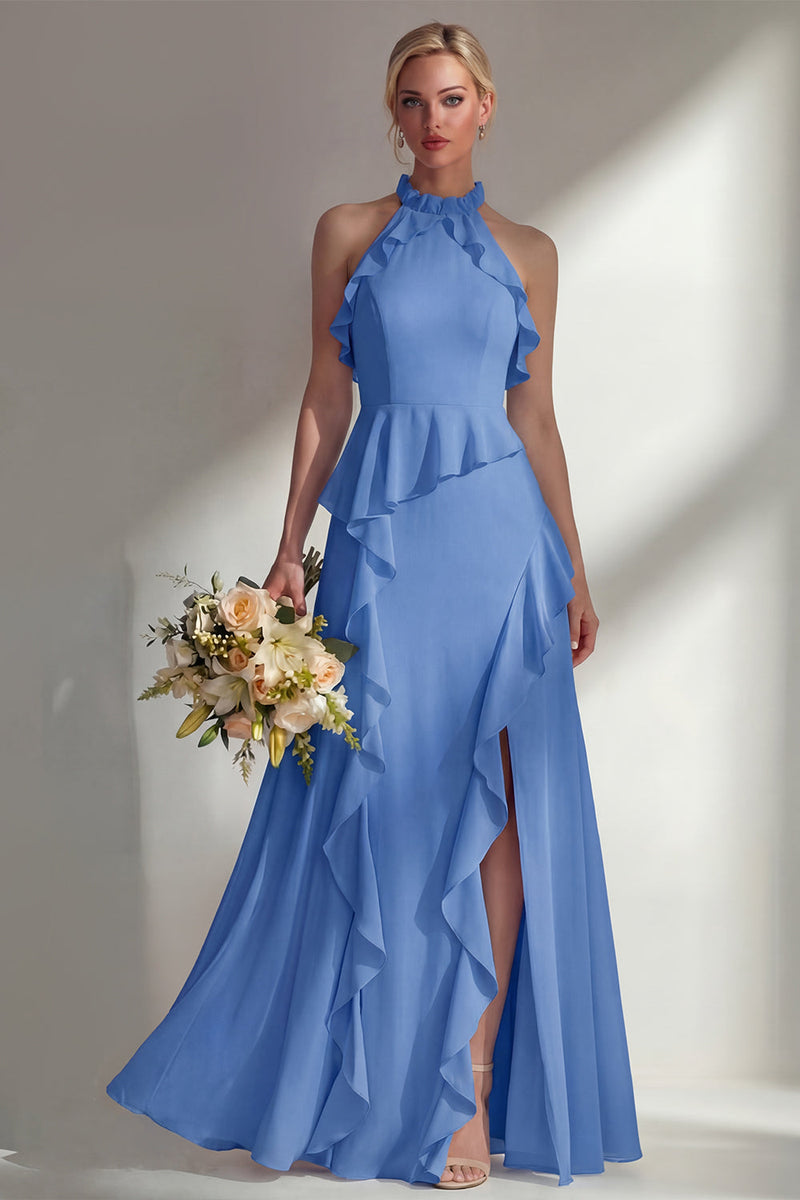 Load image into Gallery viewer, A Line High Neck Butter Yellow Ruffled Long Beach Wedding Guest Dress with Slit