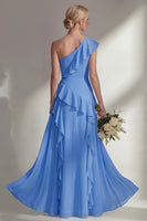 Load image into Gallery viewer, Mint One shoulder Ruffled A Line Long Beach Wedding Guest Dress with Slit