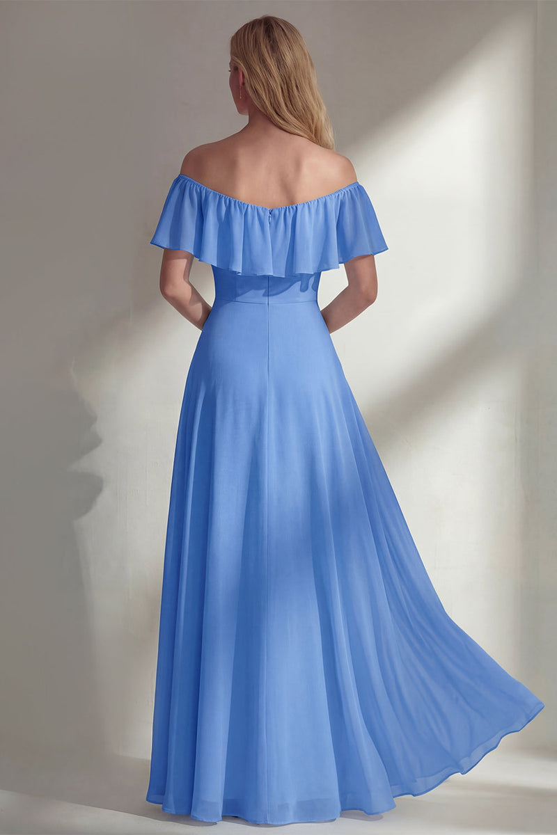 Load image into Gallery viewer, Off the Shoulder Ruffled A Line Burgundy Long Beach Wedding Guest Dress with Slit