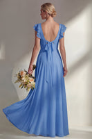 Load image into Gallery viewer, Emerald Boat Neck A Line Long Beach Wedding Guest Dress with Ruffles