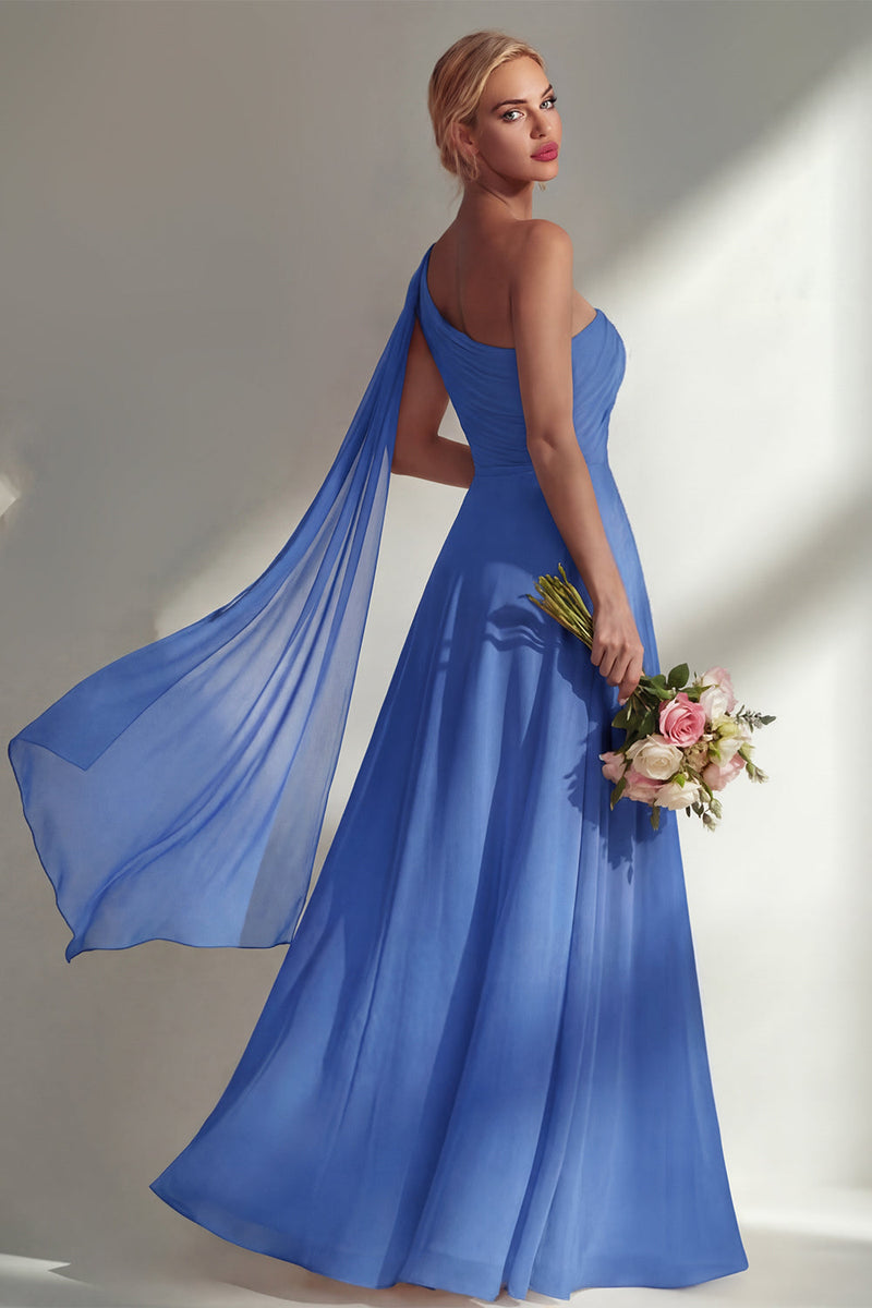 Load image into Gallery viewer, Burgundy One Shoulder Ruched A Line Long Beach Wedding Guest Dress with Side Cape