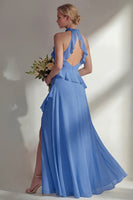 Load image into Gallery viewer, A Line High Neck Butter Yellow Ruffled Long Beach Wedding Guest Dress with Slit