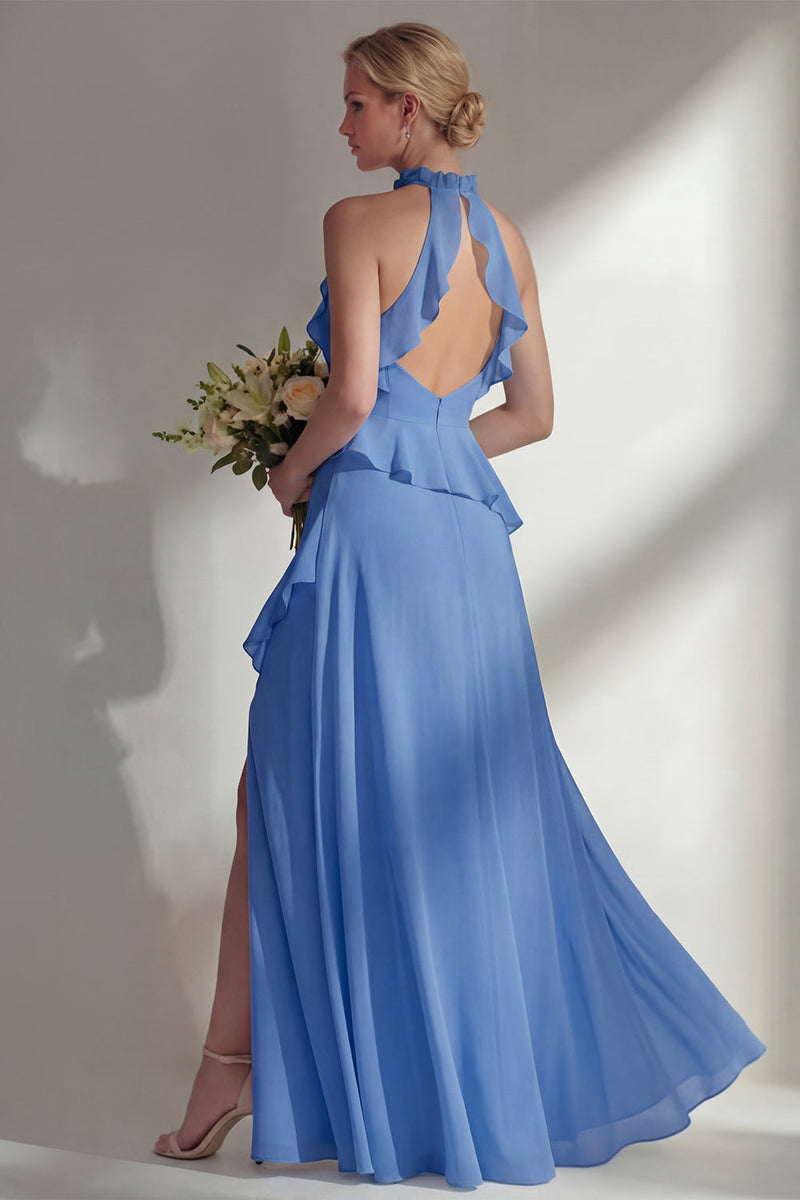 Load image into Gallery viewer, A Line High Neck Butter Yellow Ruffled Long Beach Wedding Guest Dress with Slit