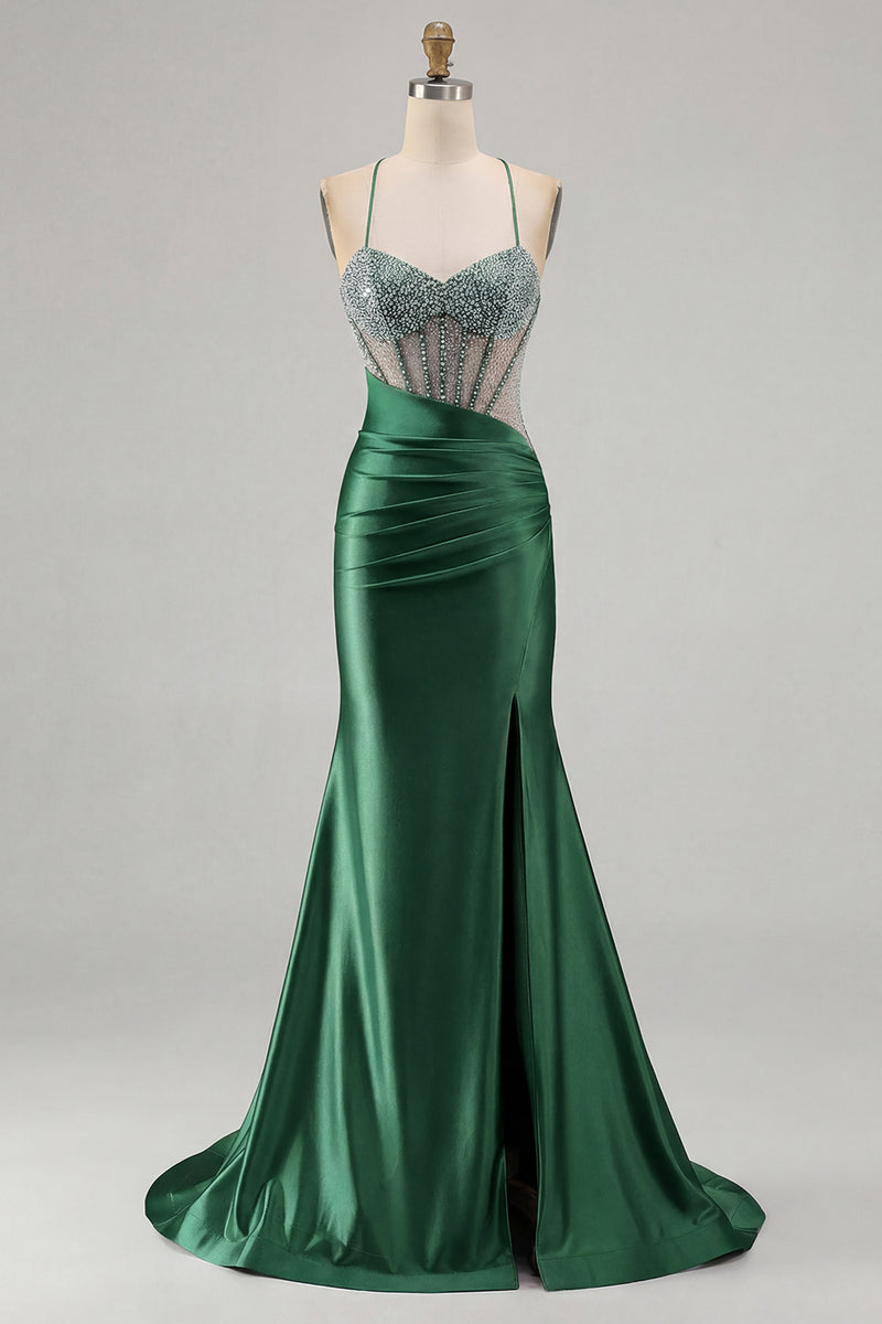 Load image into Gallery viewer, Sparkly Pink Mermaid Long Corset Prom Dress with Slit