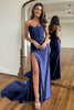 Load image into Gallery viewer, Sparkly Dark Navy Sheath Corset Long Prom Dress with Lace