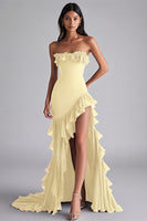Load image into Gallery viewer, Strapless Black Tiered Long Chiffon Formal Dress with Slit