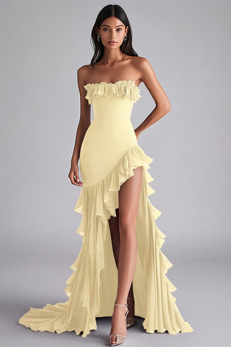 Load image into Gallery viewer, Strapless Black Tiered Long Chiffon Formal Dress with Slit