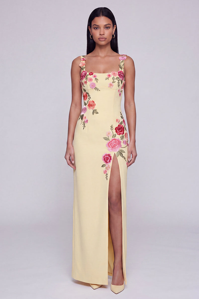 Load image into Gallery viewer, Square Neck Sheath Black Floral Beach Maxi Wedding Guest Dress with Slit