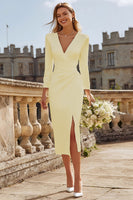 Load image into Gallery viewer, Ivory V-Neck Ruched Bodycon Midi Engagement Dress with Slit