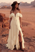 Load image into Gallery viewer, Ivory A Line Off the Shoulder Maxi Beach Wedding Dress with Ruffles