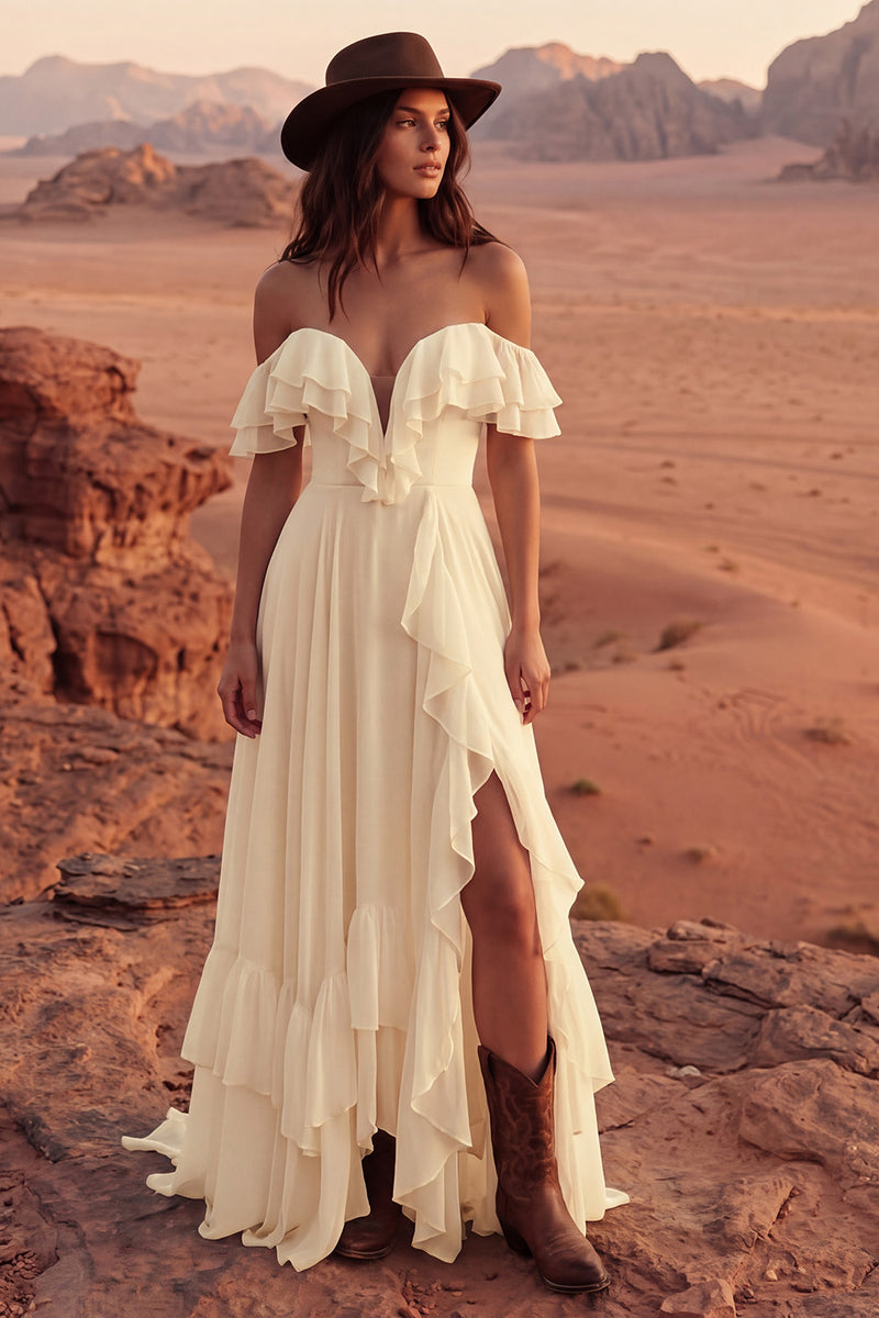 Load image into Gallery viewer, Ivory A Line Off the Shoulder Maxi Beach Wedding Dress with Ruffles