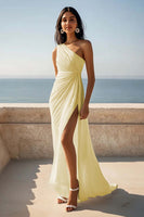 Load image into Gallery viewer, Chiffon One Shoulder Ruched Ivory Maxi Rehearsal Dinner Dress with Slit
