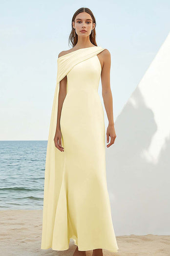 White Chiffon Sheath Long Engagement Dress with Cape
