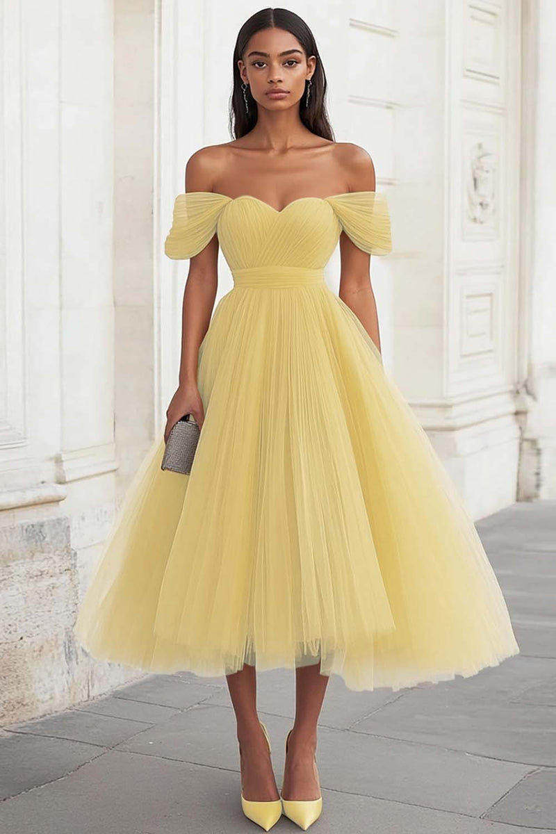 Load image into Gallery viewer, Yellow Tulle Off the Shoulder Midi Formal Dress