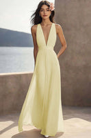 Load image into Gallery viewer, Chiffon Ivory Deep V-Neck Ruched Beach Maxi Engagement Dress