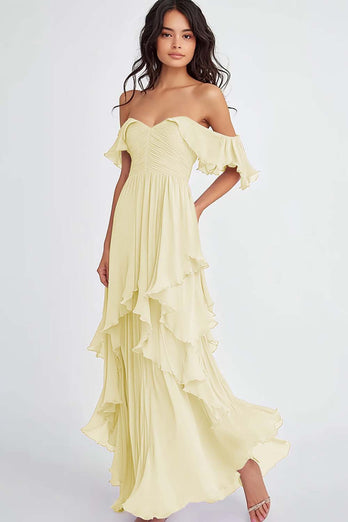 Lilac Off the Shoulder Ruffled Long Formal Dress