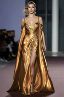 Load image into Gallery viewer, Metallic Golden Cold Shoulder Maxi Gala Dress with Slit