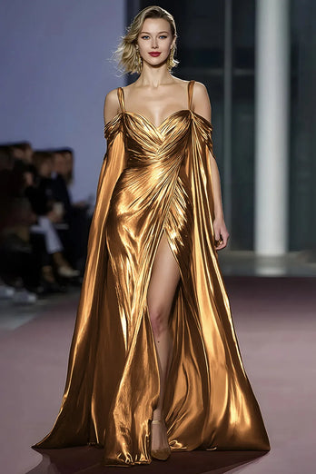 Metallic Golden Cold Shoulder Maxi Gala Dress with Slit
