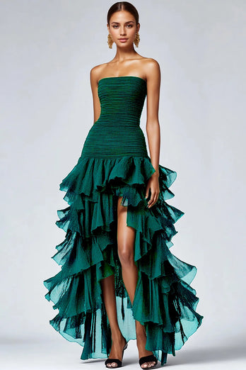 Women Dark Green Tulle Long Formal Dress with Slit A Line Strapless Tiered Black Tie Dress