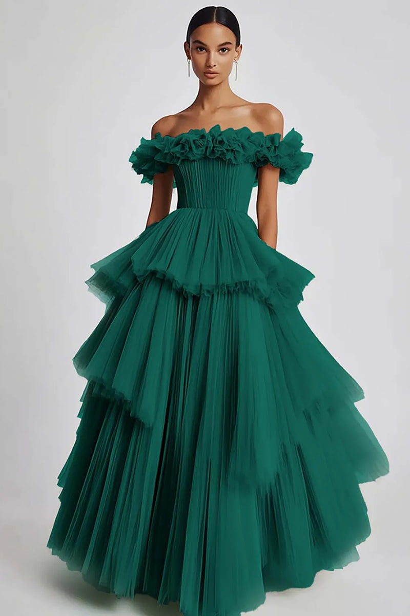 Load image into Gallery viewer, Dusty Sage Ball Gown Tulle Long Formal Dress with Ruffles