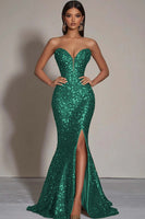 Load image into Gallery viewer, Women Sparkly Dark Green Sequins Formal Dress with Slit Strapless Mermaid Sweetheart Long Party Dress