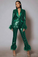 Load image into Gallery viewer, 2 Piece Sparkly Sequins Black Women Prom Suits with Feathers