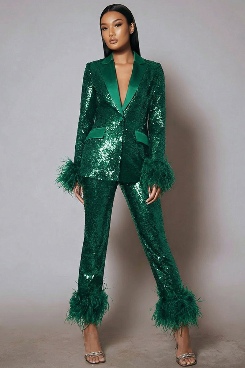 Load image into Gallery viewer, 2 Piece Sparkly Sequins Black Women Prom Suits with Feathers