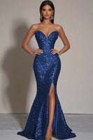 Load image into Gallery viewer, Women Sparkly Dark Navy Sequins Formal Dress with Slit Strapless Mermaid Sweetheart Long Party Dress