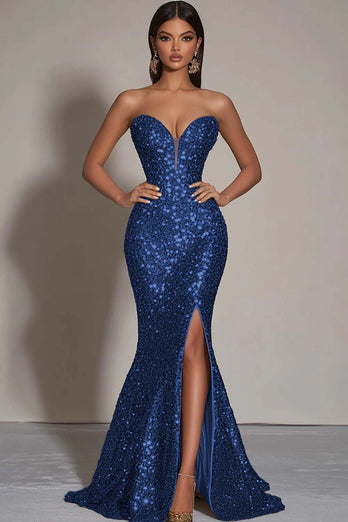 Sparkly Strapless Gold Mermaid Long Sequins Formal Dress with Slit