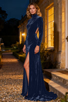 Load image into Gallery viewer, Navy Velvet Mermaid Long Holiday Party Dress with Slit