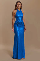 Load image into Gallery viewer, Glitter Burgundy Sheath Halter Ruched Long Holiday Party Dress