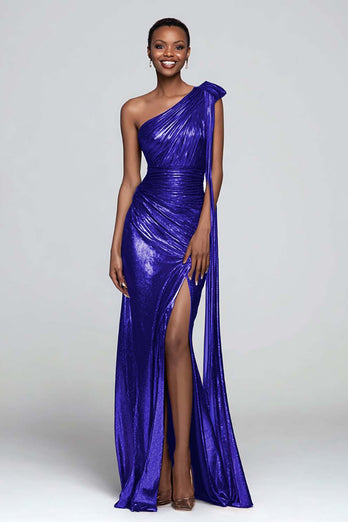 Sparkly Brown Metallic Mermaid One Shoulder Long Formal Dress with Slit