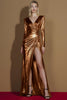 Load image into Gallery viewer, Metallic Golden V-Neck Glitter Long Sleeves Gala Dress with Slit