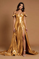 Load image into Gallery viewer, Golden A Line Metallic Ruffled Maxi Prom Dress with Slit