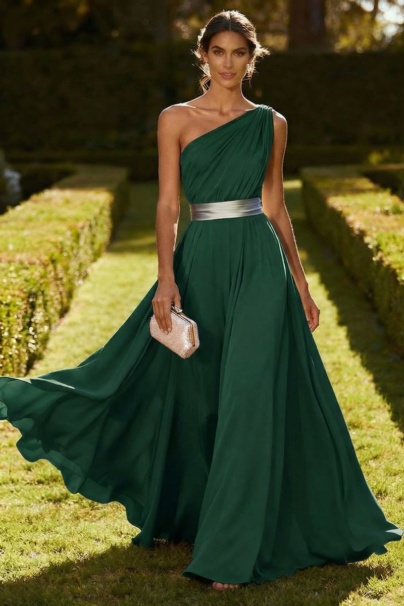 Load image into Gallery viewer, Olive Chiffon One Shoulder Ruched Long Formal Dress