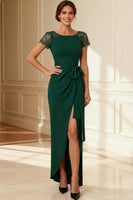 Load image into Gallery viewer, Sheath Navy Boat Neck Long Mother of the Bride Dress with Lace